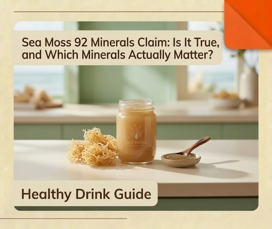 atural sea moss gel in a glass jar beside dried sea moss on a soft beige kitchen counter