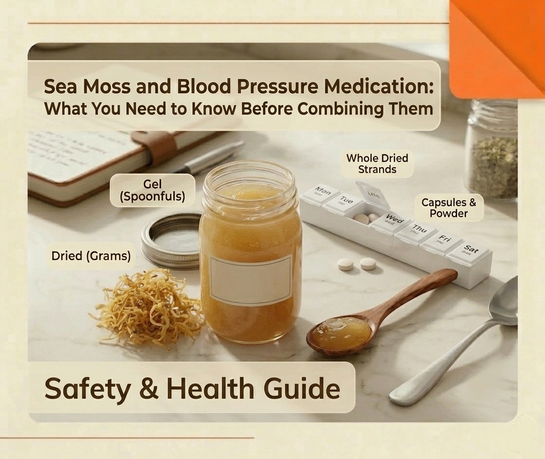 A flat-lay of sea moss gel in a glass jar next to a pill organizer with blood pressure tablets on a white marble surface, representing sea moss and blood pressure medication interactions.