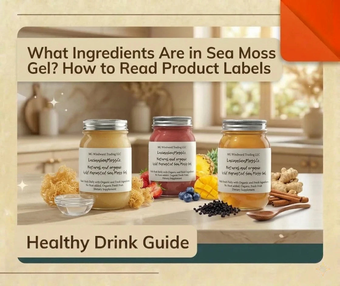 Three glass jars of plain golden, strawberry fruit-infused, and herbal sea moss gel surrounded by dried sea moss, fresh fruit, ginger, and cinnamon.