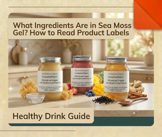 Three glass jars of plain golden, strawberry fruit-infused, and herbal sea moss gel surrounded by dried sea moss, fresh fruit, ginger, and cinnamon.
