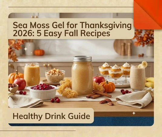 Thanksgiving sea moss gel recipes featuring pumpkin smoothie, apple cinnamon oats, cranberry sauce, sweet potato dessert cups and banana smoothie.
