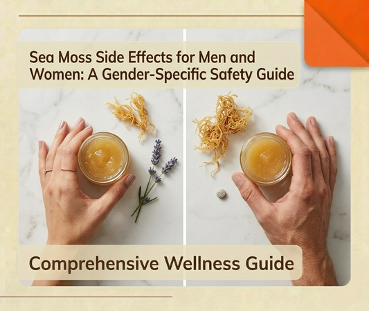 A split flat-lay showing a woman's hand and a man's hand each holding sea moss gel on a white marble surface, illustrating gender-specific sea moss side effects for men and women.