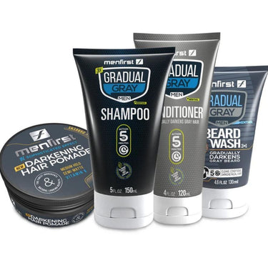 Menfirst Good-bye Gray Hair Shampoo, Conditioner, Beard Wash and Darkening Pomade Bundle