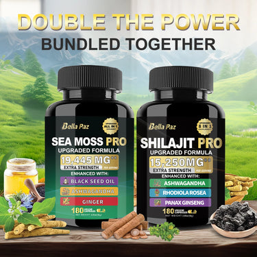 Ultimate Vitality Bundle: Upgraded Formula-Sea Moss, Shilajit,Black Seed Oil, Ashwagandha,Ginger, Rhodiola,Ginseng-180 Count