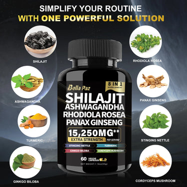 Shilajit 9000 with Ginseng, Ashwagandha, Rhodiola Rosea and More 60 capsules.