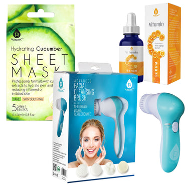 Ultimate Skincare Gift Bundle: Hydrating Cucumber Sheet Masks, Advanced Facial Cleansing Brush, Vitamin C Serum