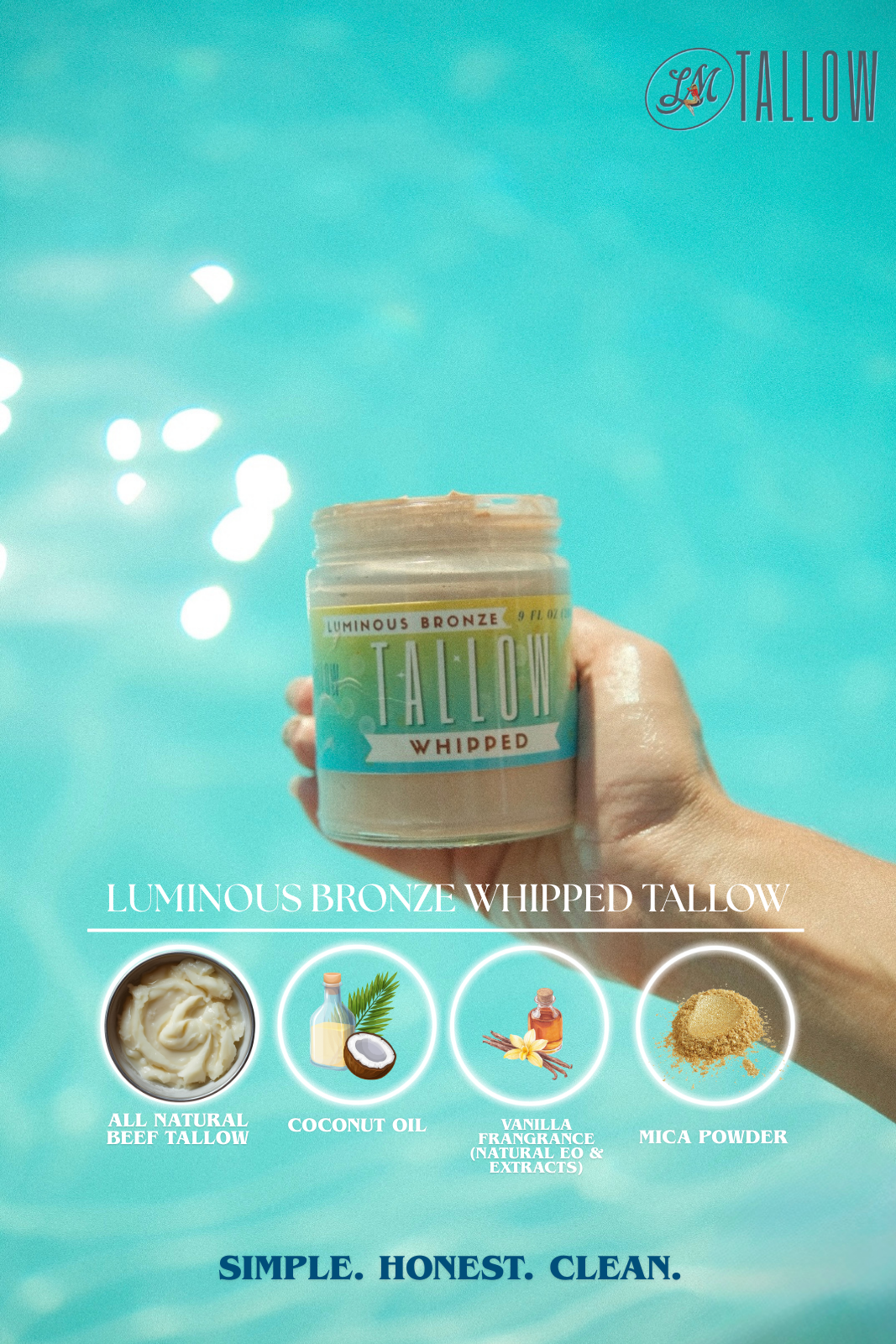 Natural bronzing whipped tallow body butter in eco friendly packaging