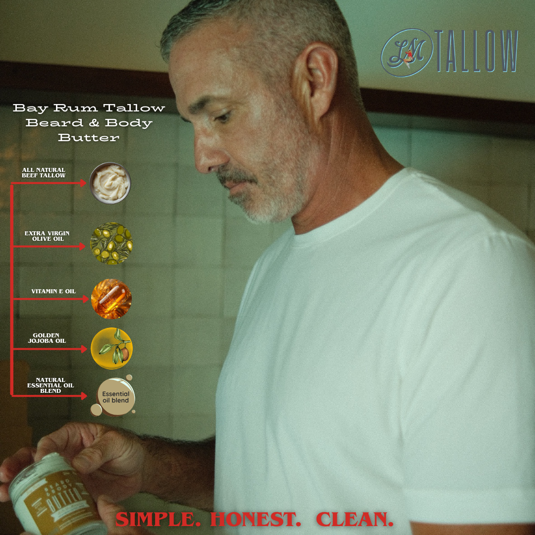 Applying bay rum tallow beard butter to condition beard hair