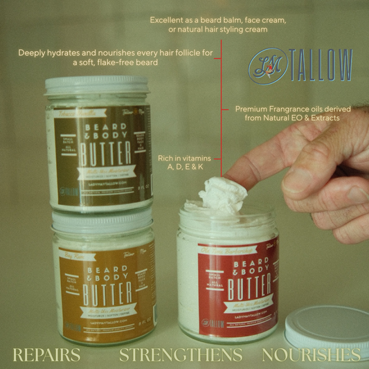 Rich whipped tallow beard butter texture for men’s grooming