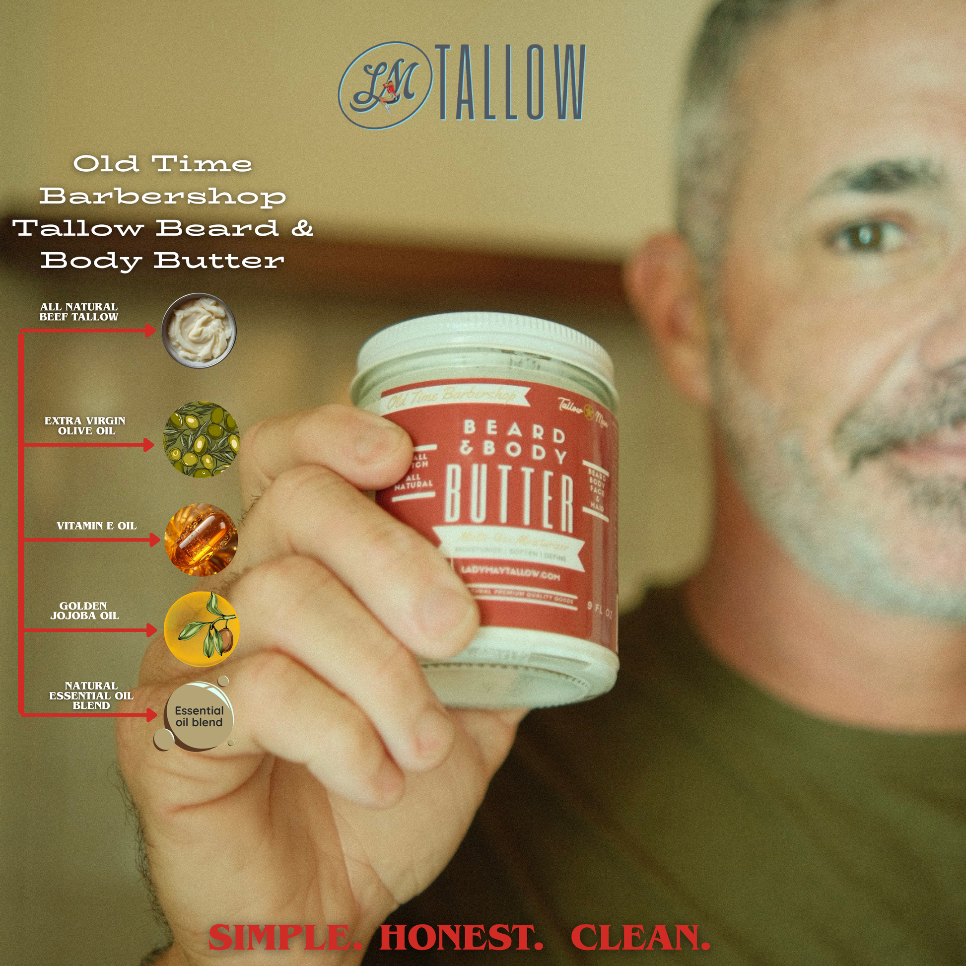 Applying tallow beard butter to condition and style beard hair