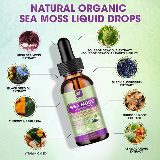 Natural organic sea moss liquid drops showcasing ingredients for sea moss nutrition benefits.