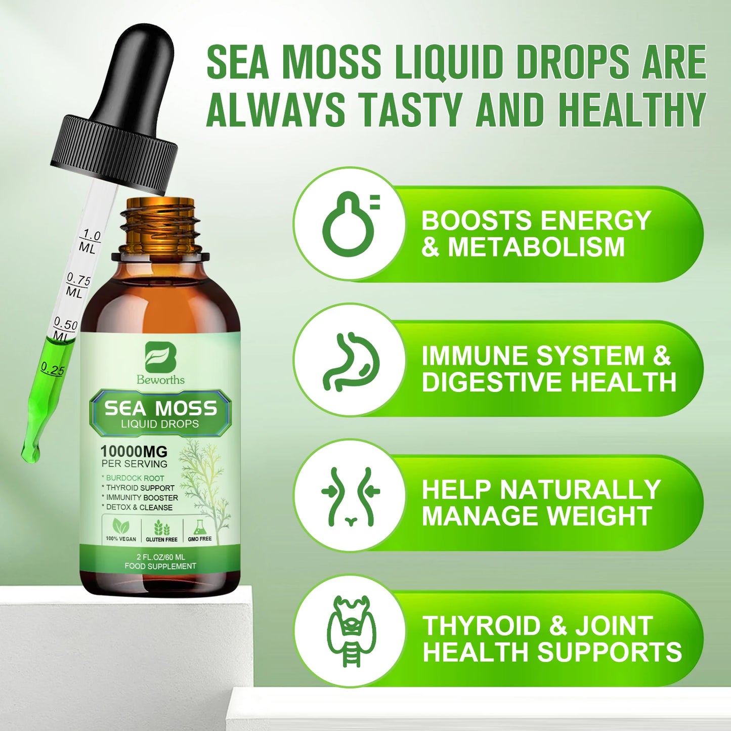 Organic Seamoss Drops with Burdock Root and Spirulina