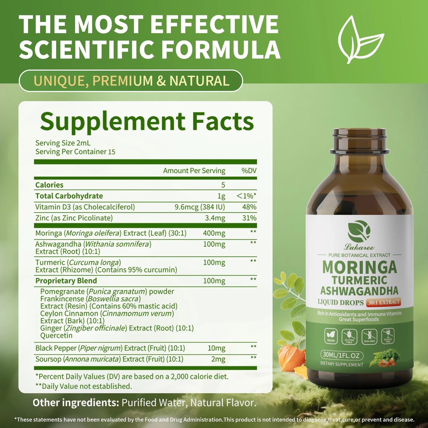12-in-1 Organic Moringa Drops with Ashwagandha Turmeric Quercetin