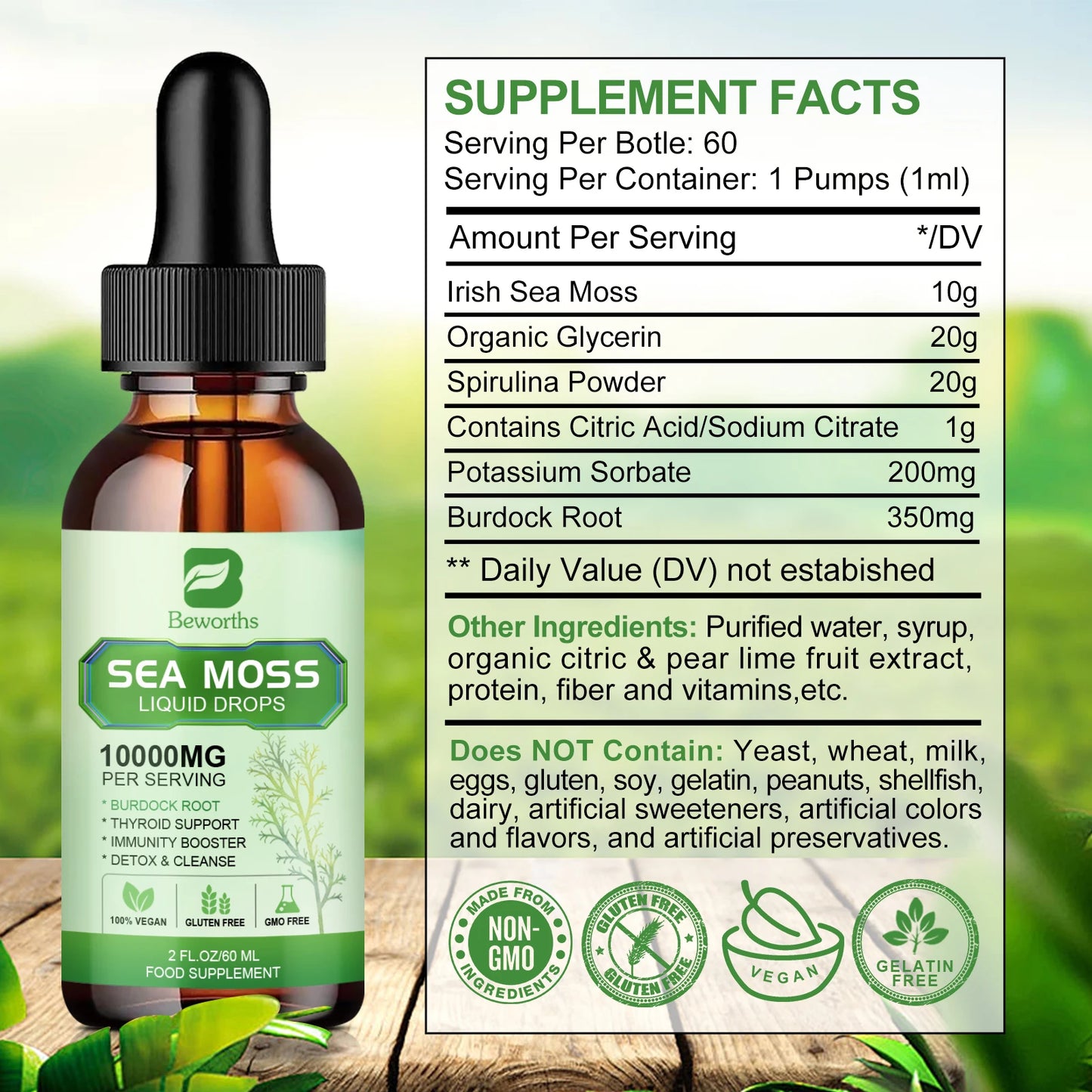 Organic Seamoss Drops with Burdock Root and Spirulina