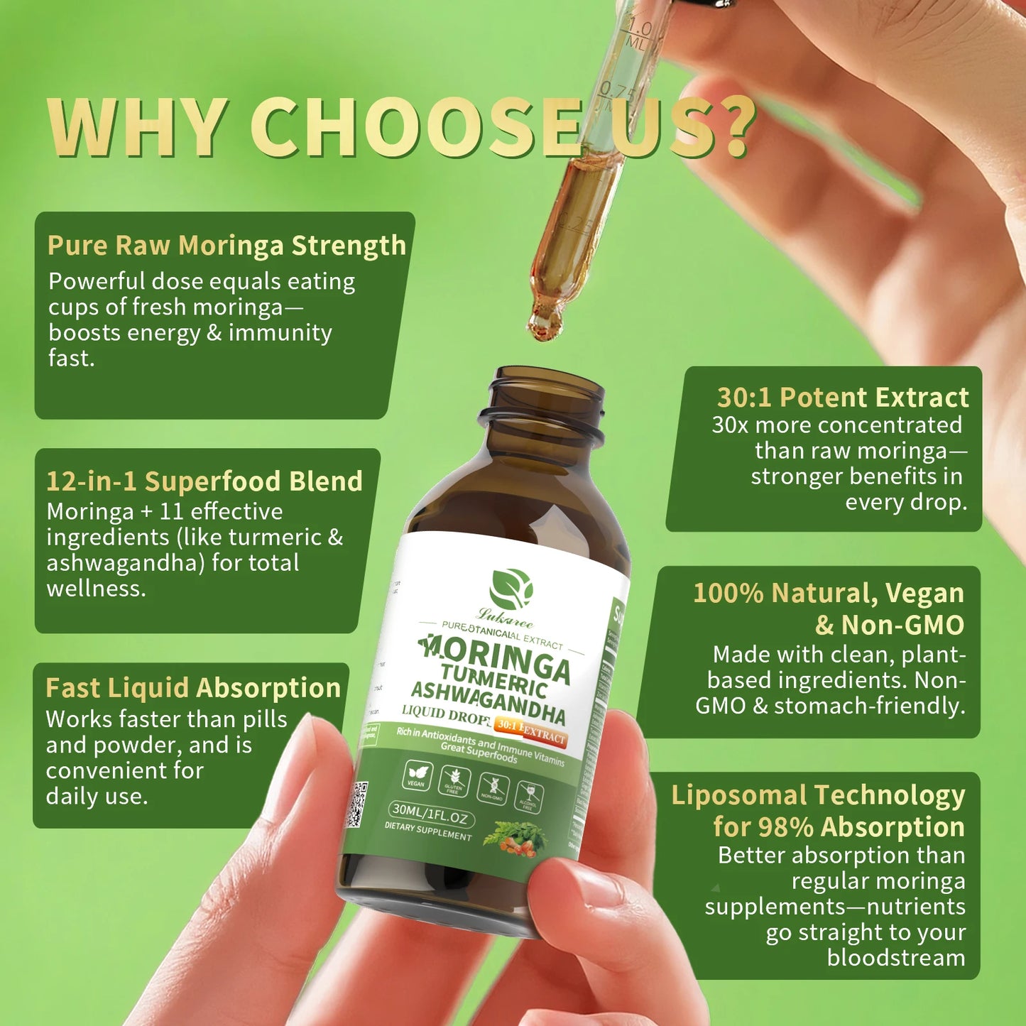 12-in-1 Organic Moringa Drops with Ashwagandha Turmeric Quercetin
