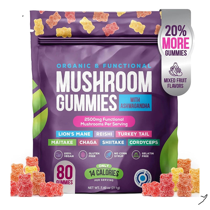 Organic Mushroom Gummies with Ashwagandha – 80 Count | 2500mg Functional Mushrooms Per Serving | Mixed Fruit Flavor | Plant-Based