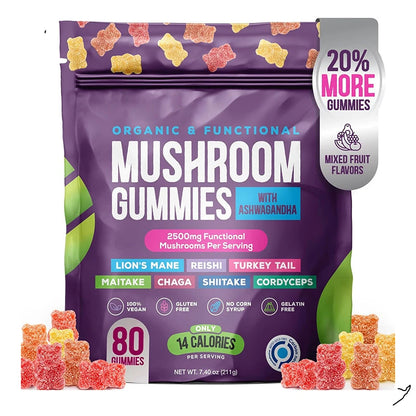 Organic Mushroom Gummies with Ashwagandha – 80 Count | 2500mg Functional Mushrooms Per Serving | Mixed Fruit Flavor | Plant-Based