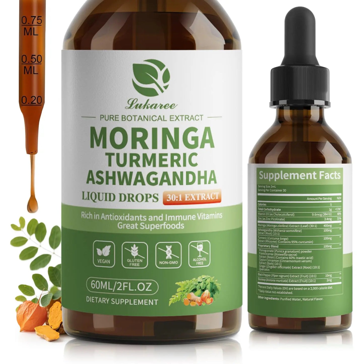 12-in-1 Organic Moringa Drops with Ashwagandha Turmeric Quercetin