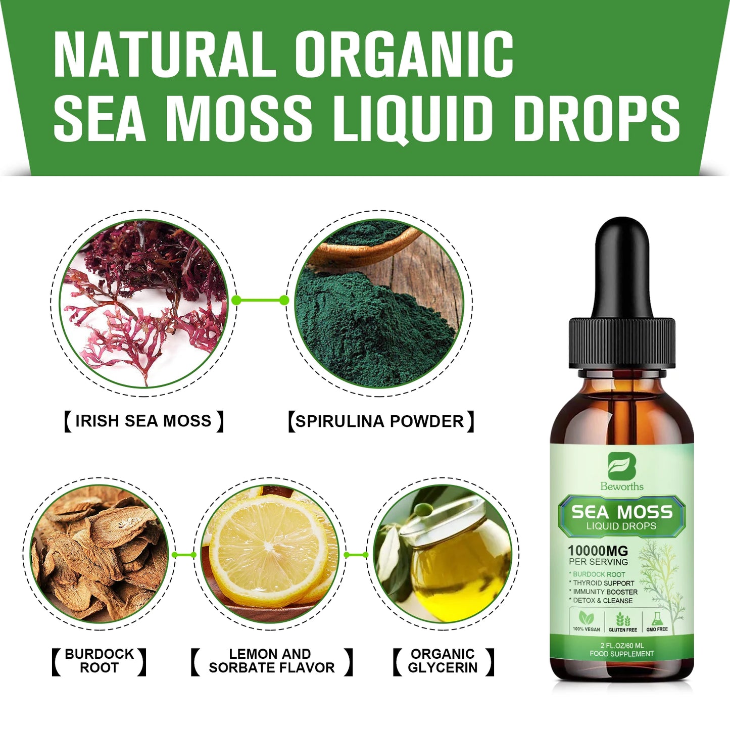 Organic Seamoss Drops with Burdock Root and Spirulina
