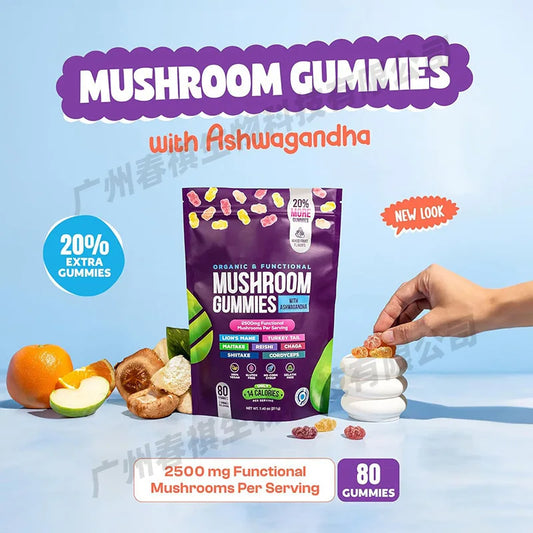 Organic Mushroom Gummies with Ashwagandha – 80 Count | 2500mg Functional Mushrooms Per Serving | Mixed Fruit Flavor | Plant-Based