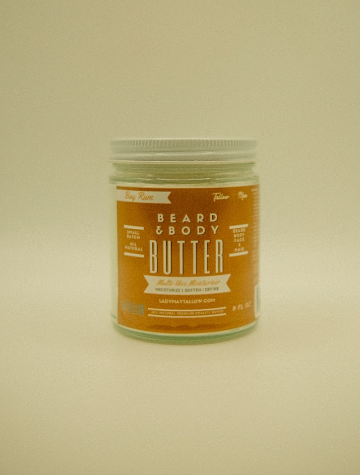 Bay rum tallow beard and body butter for men in glass jar