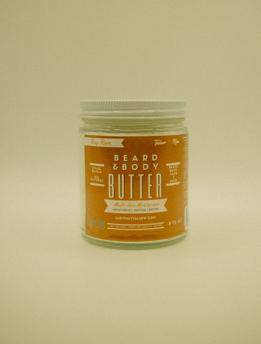 Bay rum tallow beard and body butter for men in glass jar