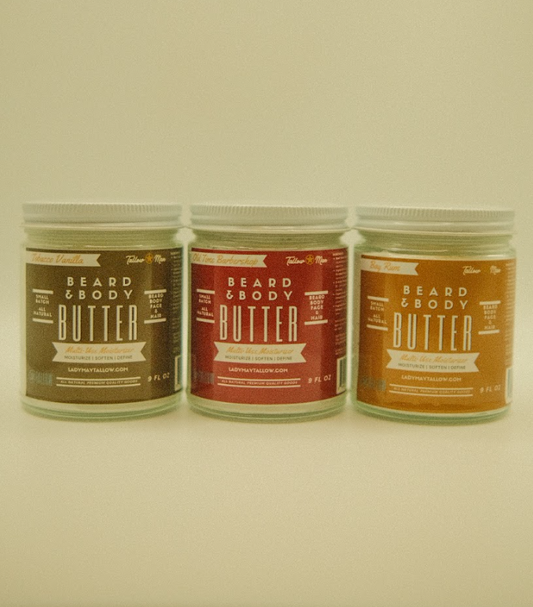 Tallow Man beard and body butter trio with three 9oz scented jars