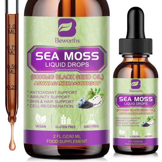 Sea Moss With Soursop Black Seed and Elderberries liquid drops showcasing sea moss nutrition benefits for wellness