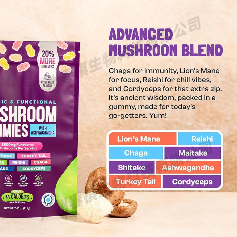 Organic Mushroom Gummies with Ashwagandha – 80 Count | 2500mg Functional Mushrooms Per Serving | Mixed Fruit Flavor | Plant-Based