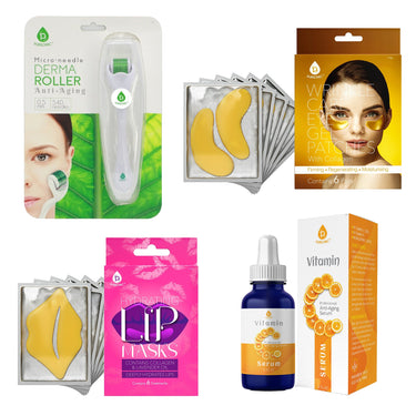 Ultimate Skincare Bundle: Vitamin C Serum (3 fl. oz), Wrinkle Care Eye Gel Patches, Hydrating Lip Masks (Pack of 6), and Micro Needle Derma Roller 0.5 mm